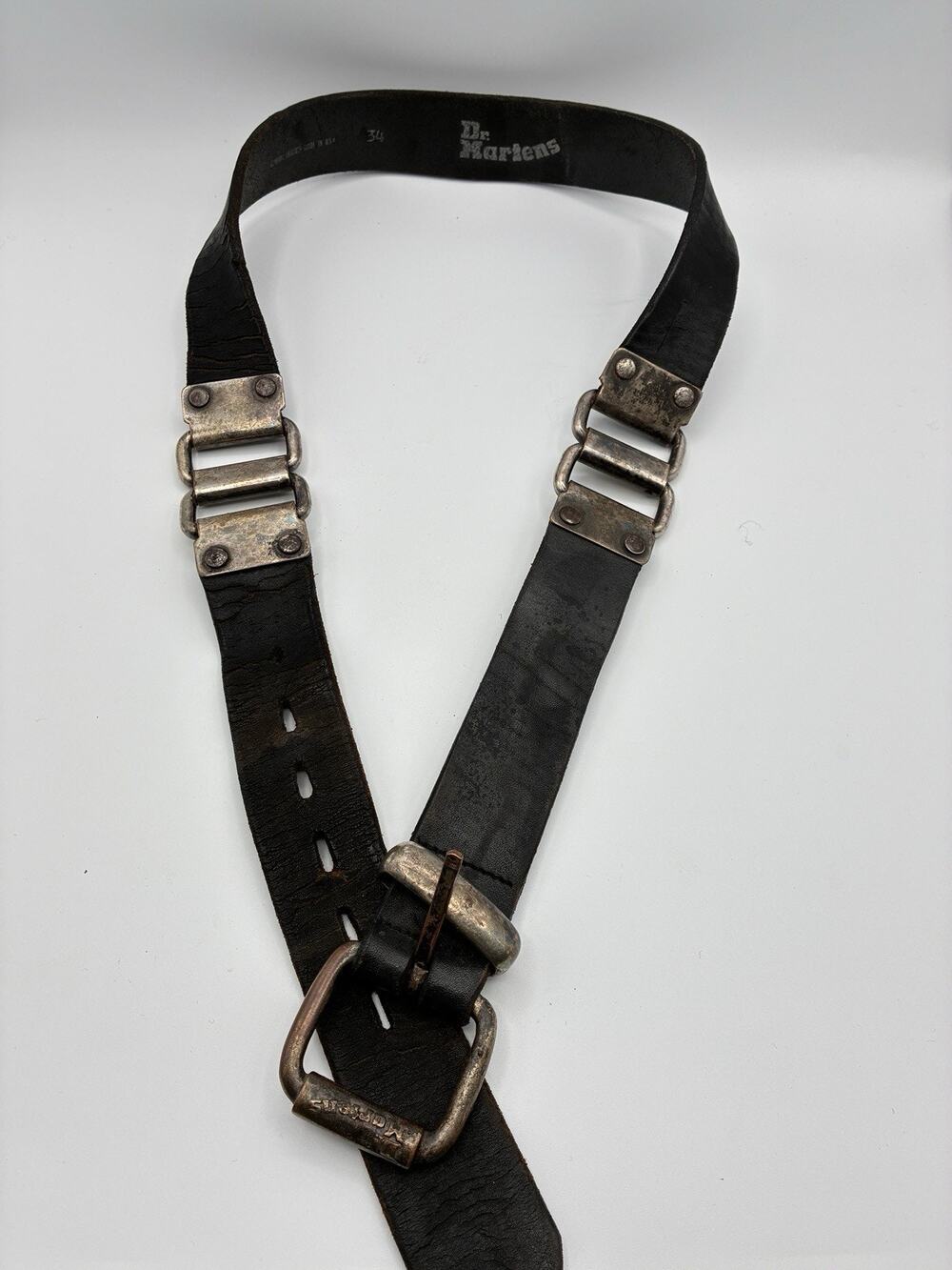 Vintage BLACK 90s Dr. Marten Leather Belt Silver Buckle Made In USA Size 34 Used